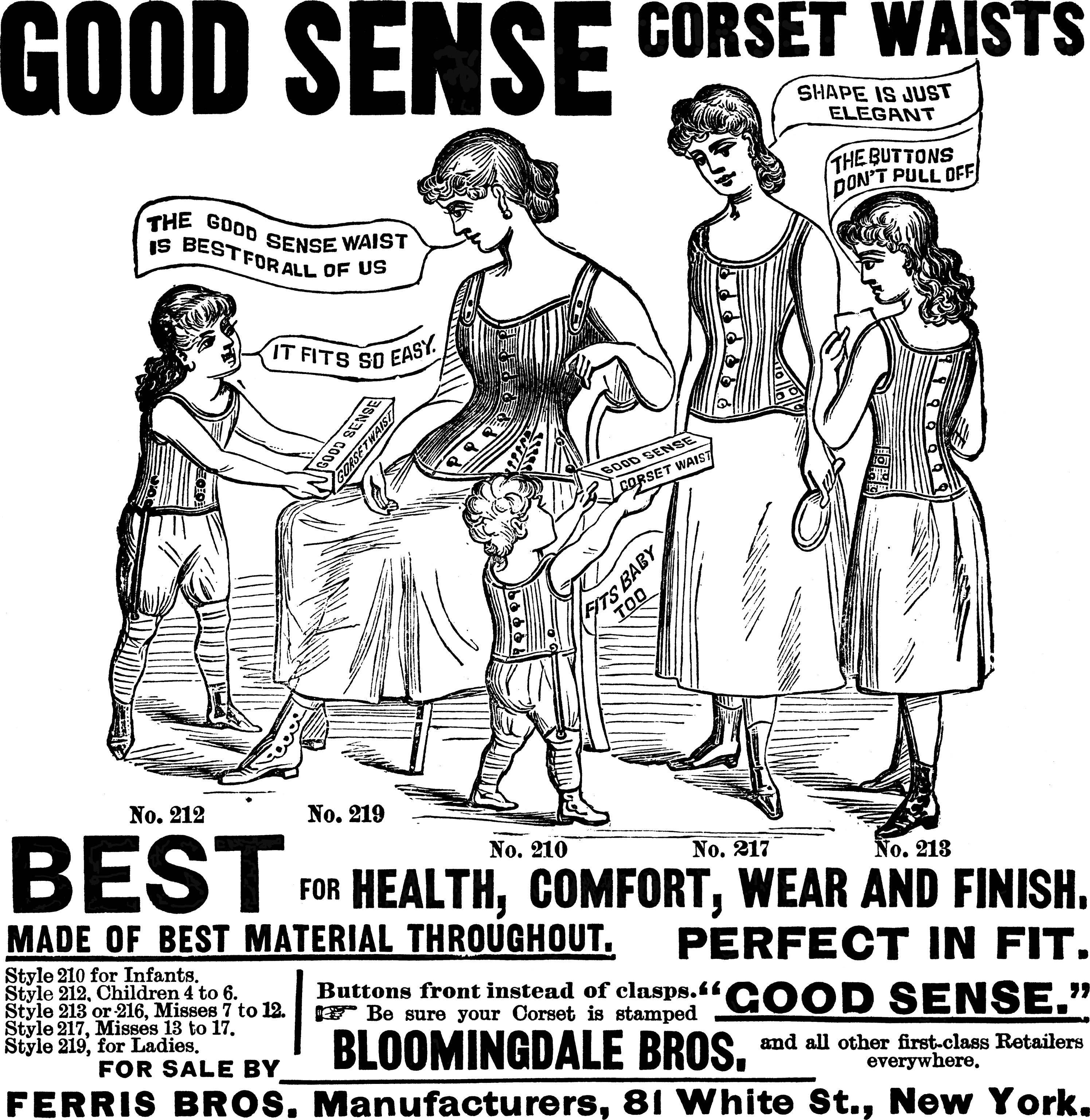 Edwardian-era corset catalog page showing long-line corset styles for young women