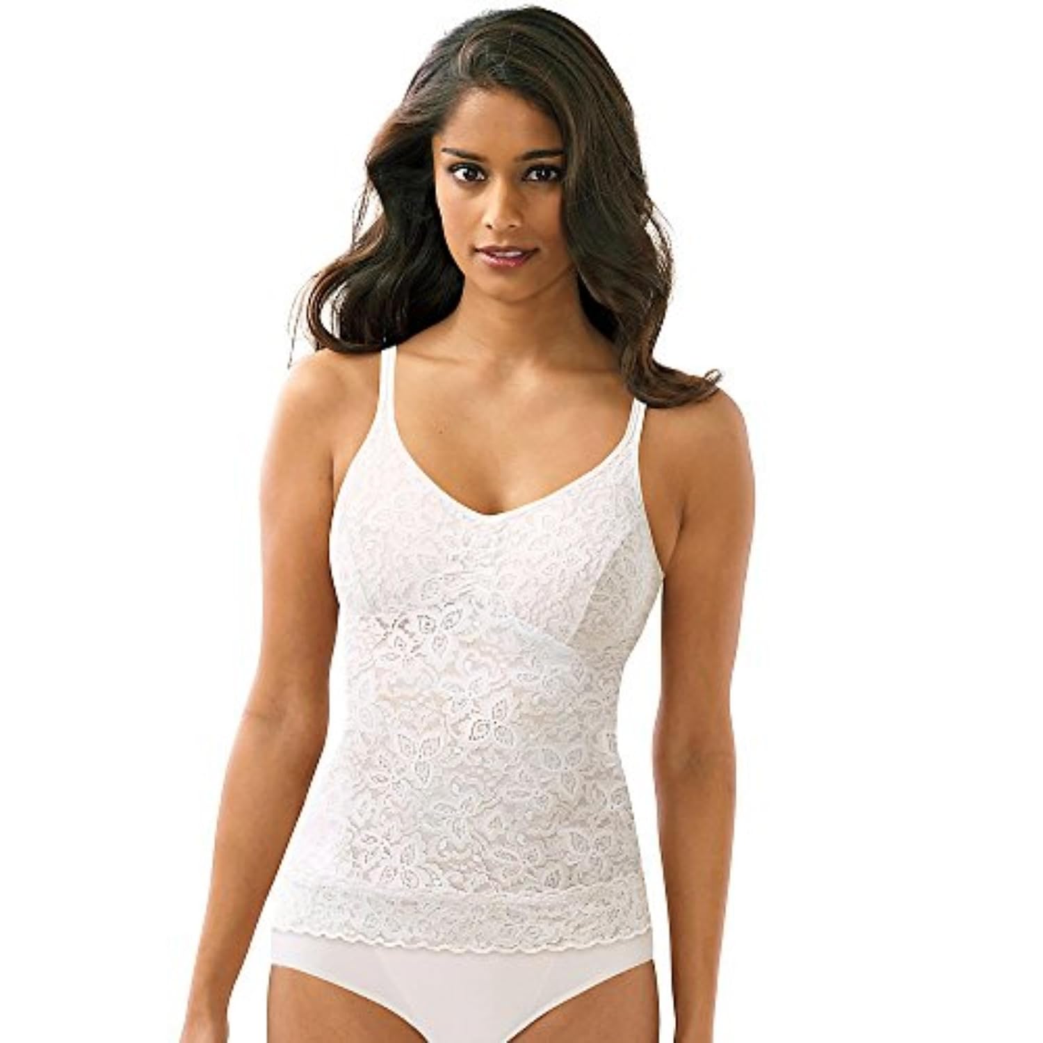 Bali firm-control lace camisole in white, on-body with scalloped hem