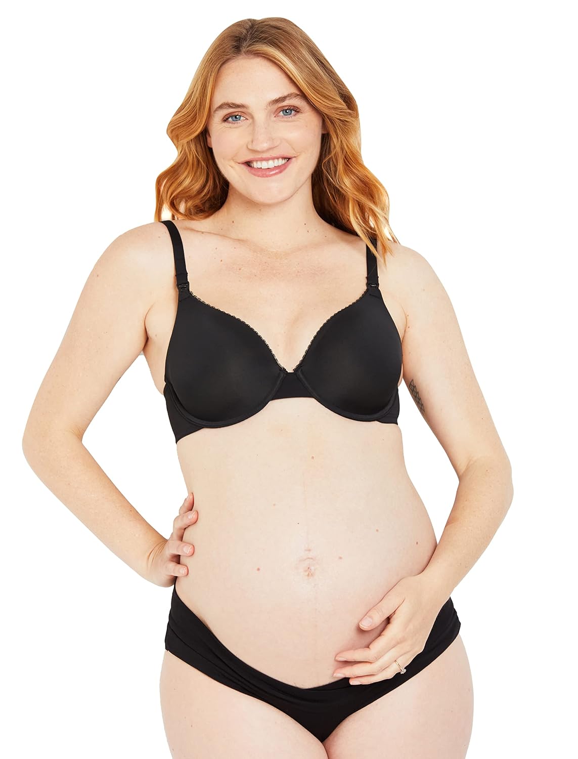 Motherhood Maternity nursing bra on a pregnant body, matching briefs, drop-clip cups