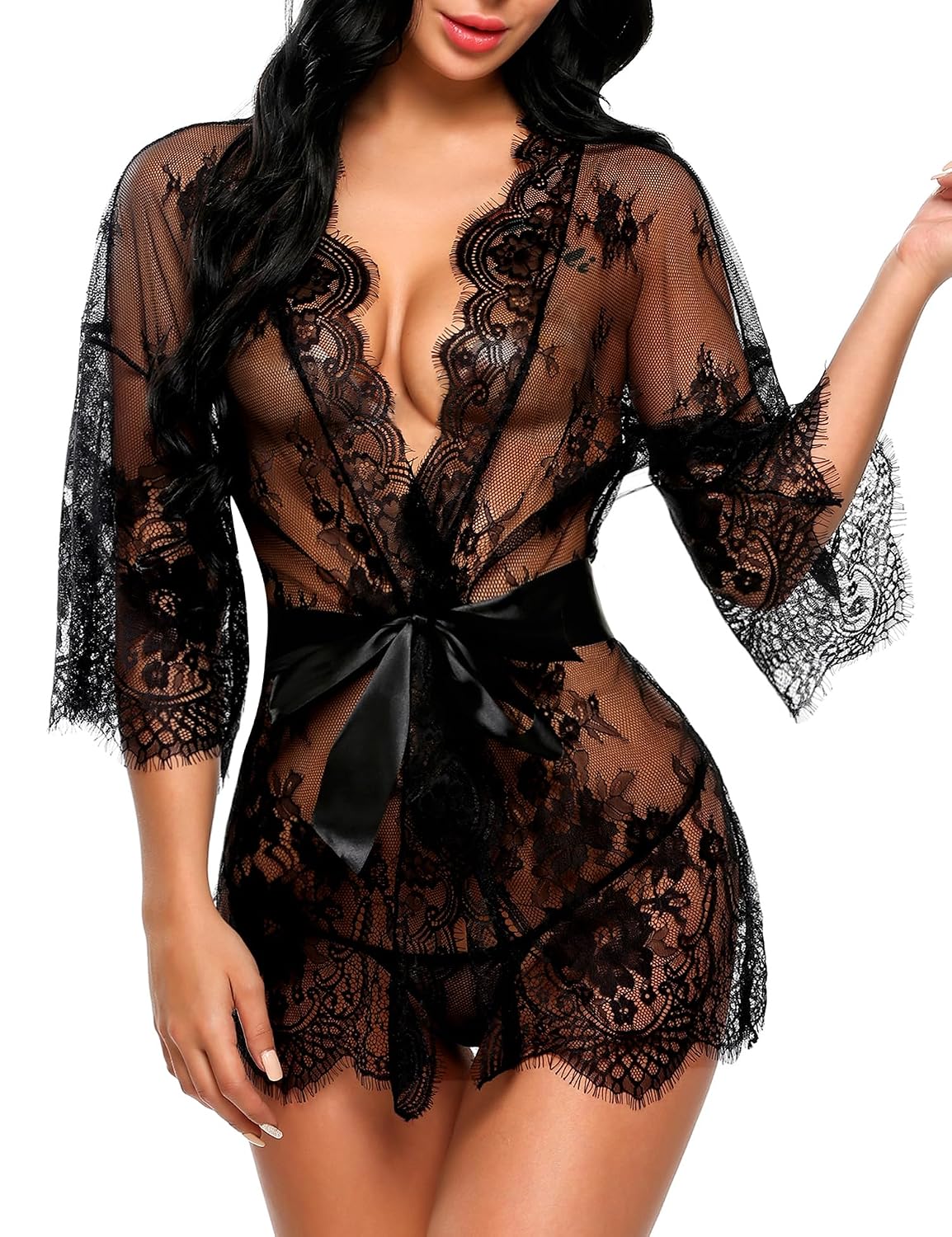 Avidlove Lace Mesh Babydoll Kimono Robe