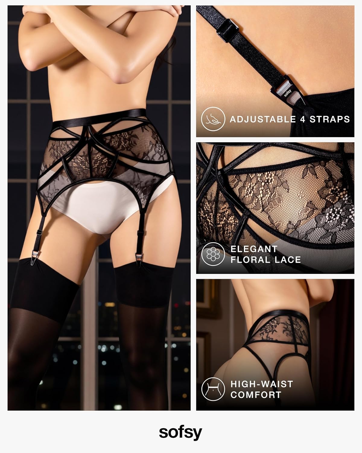 sofsy Retro Lace Garter Belt with Metal Clips — image 5