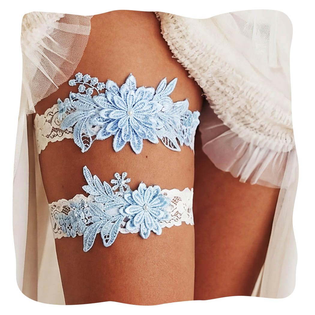 EVAZEN Blue Lace Floral Wedding Garter Set