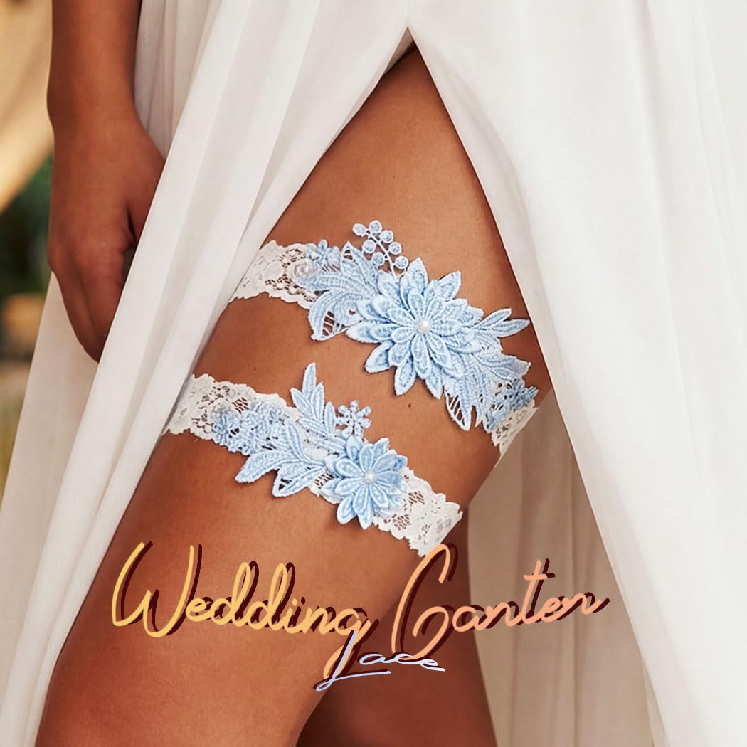 EVAZEN Blue Lace Floral Wedding Garter Set — image 3