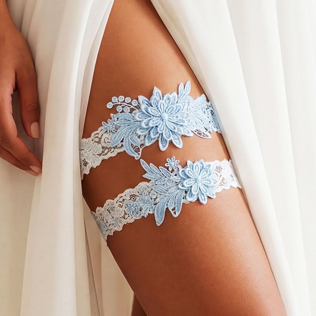 EVAZEN Blue Lace Floral Wedding Garter Set — image 5