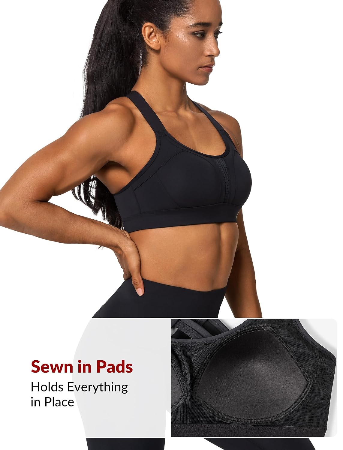 Yvette high-impact sports bra, side view with sewn-in pad callout