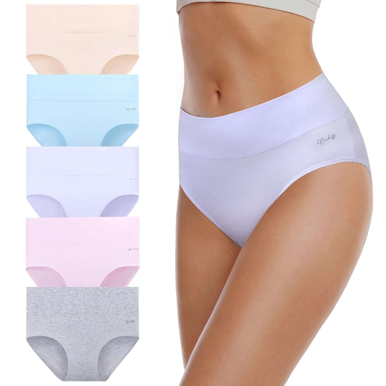 Coskefy Women's High Waisted Cotton Briefs 5 Pack