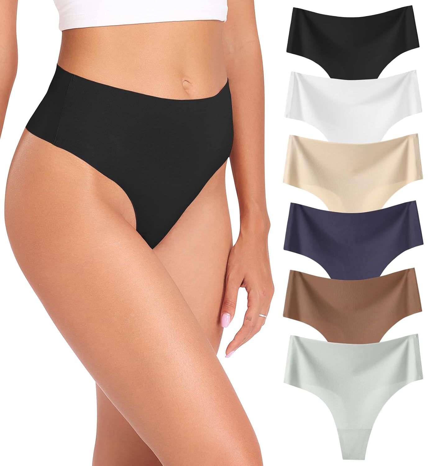 Wealurre Women's High Waisted Seamless Thongs 6-Pack