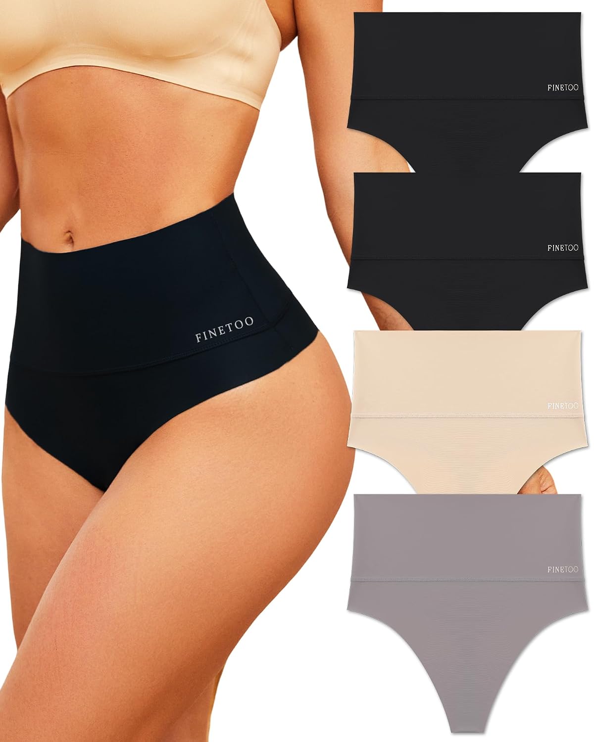 FINETOO High Waisted Seamless Thong 4 Pack