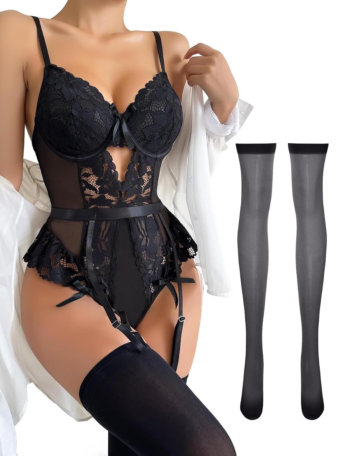 Lilosy Lace Mesh Bodysuit and Garter Set