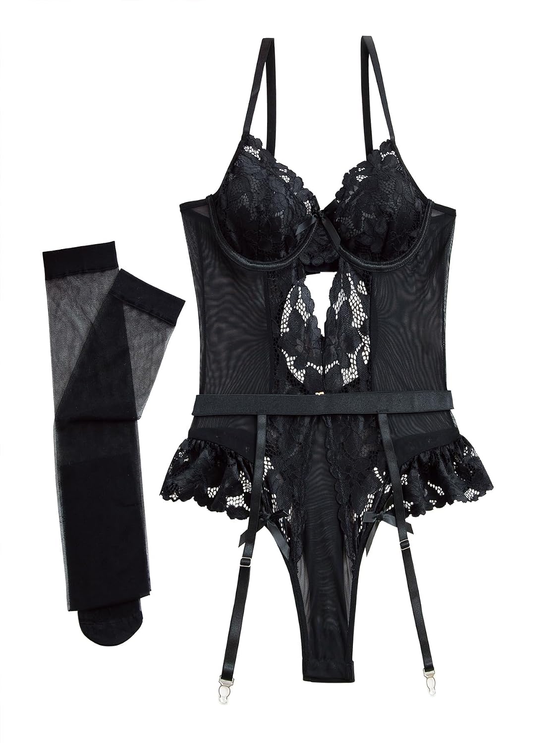 Lilosy Lace Mesh Bodysuit and Garter Set — image 5