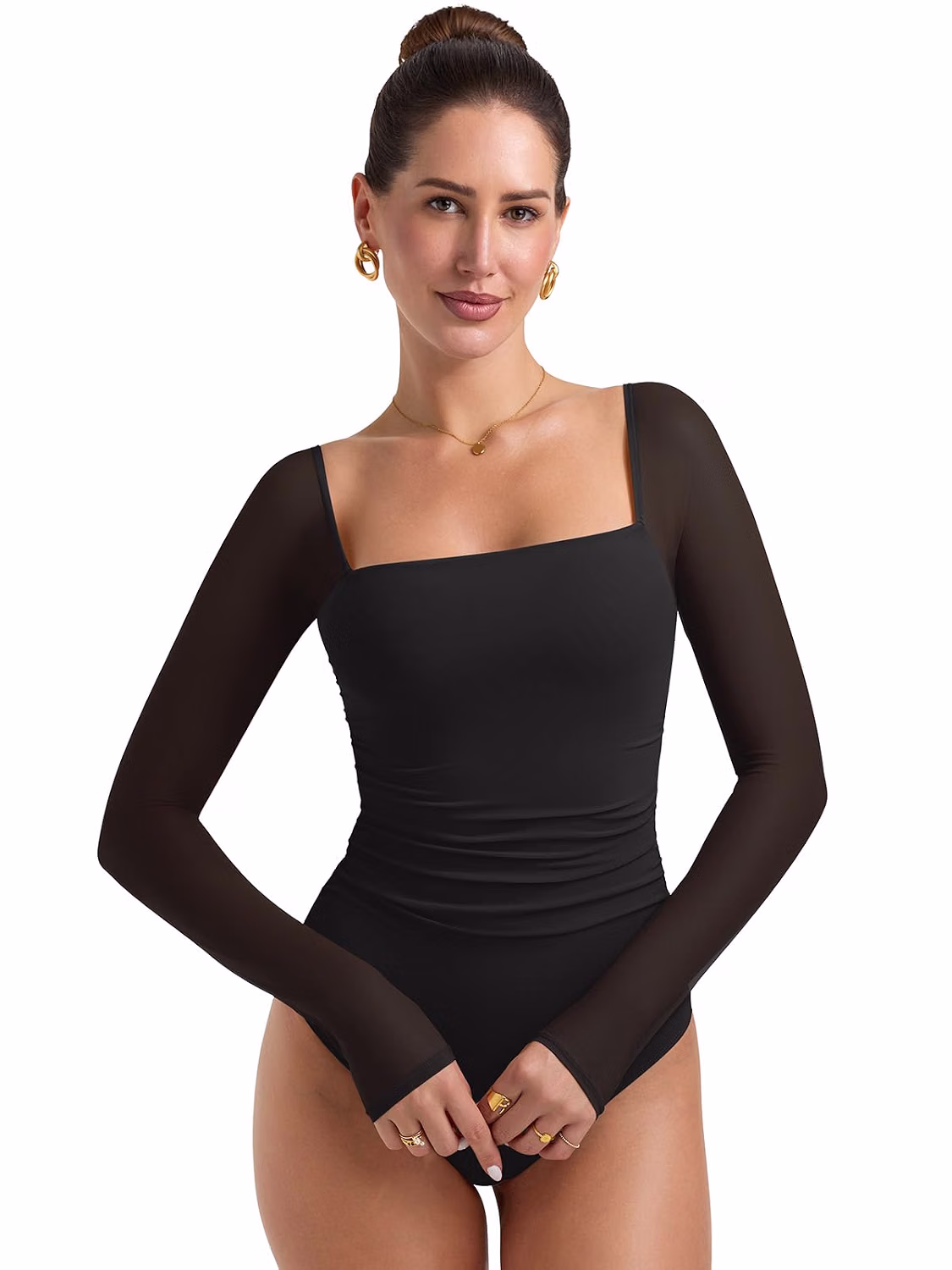 PINKMSTYLE Square Neck Mesh Long Sleeve Bodysuit — image 4