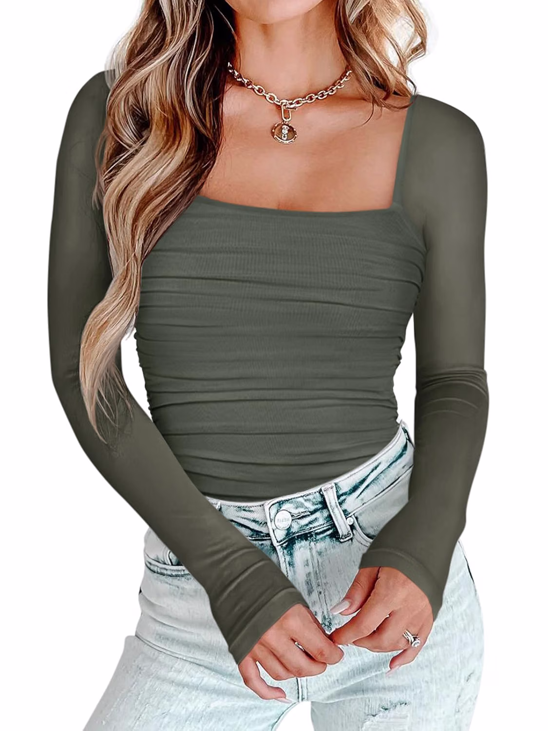 PINKMSTYLE Square Neck Mesh Long Sleeve Bodysuit — image 9