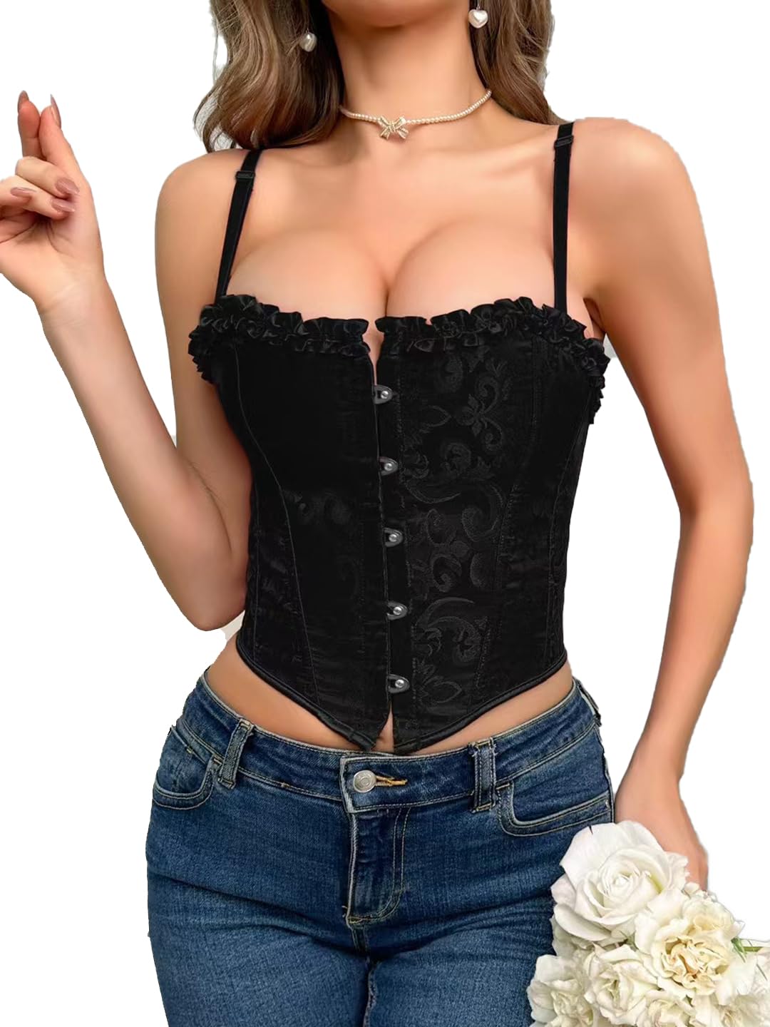 INOGIH Lace Spaghetti Strap Bustier Corset Crop Top