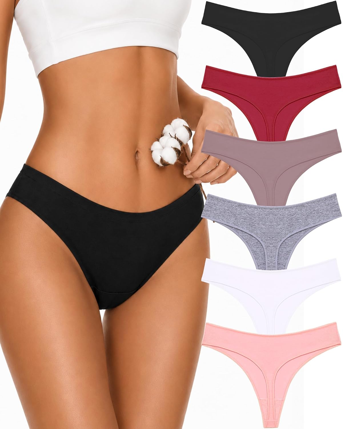 CUTE BYTE Cotton Thongs for Women 6-Pack