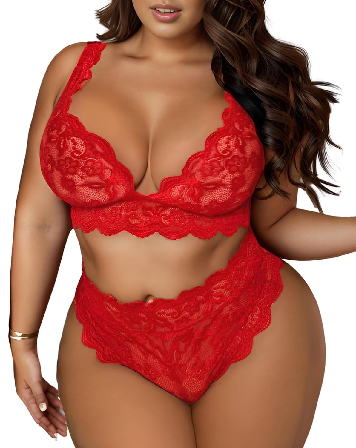 Plus Size Floral Lace Bralette and High Waist Panty Set