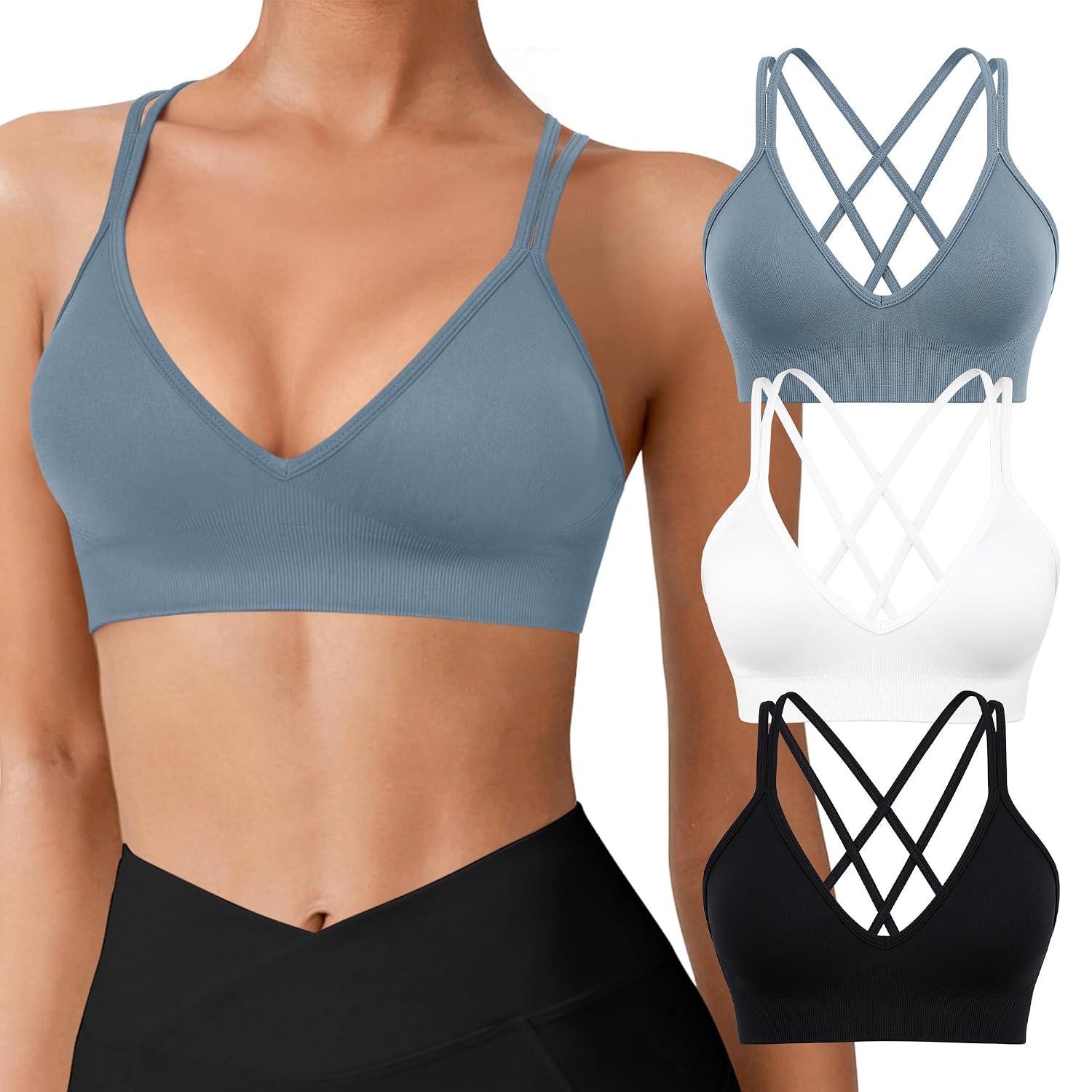 VEQKING Seamless V-Neck Cross Back Sports Bra 3 Pack