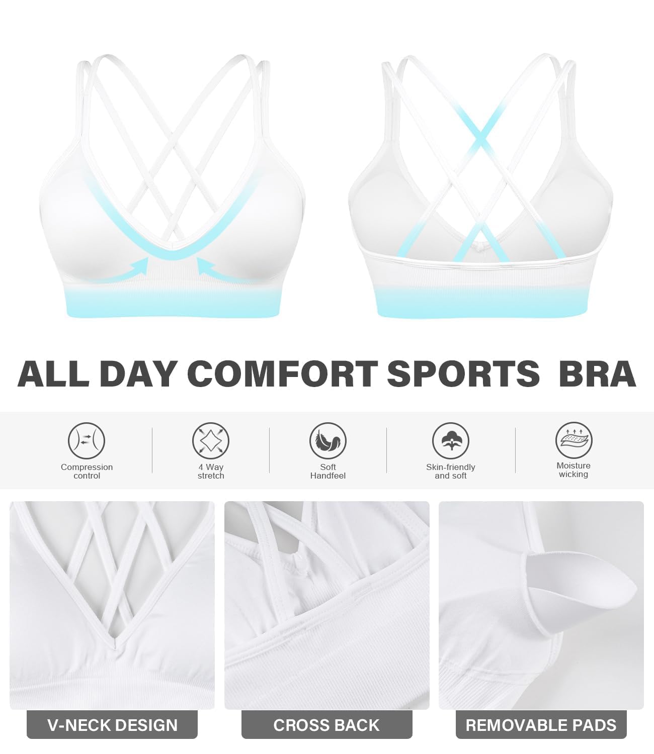 VEQKING Seamless V-Neck Cross Back Sports Bra 3 Pack — image 7