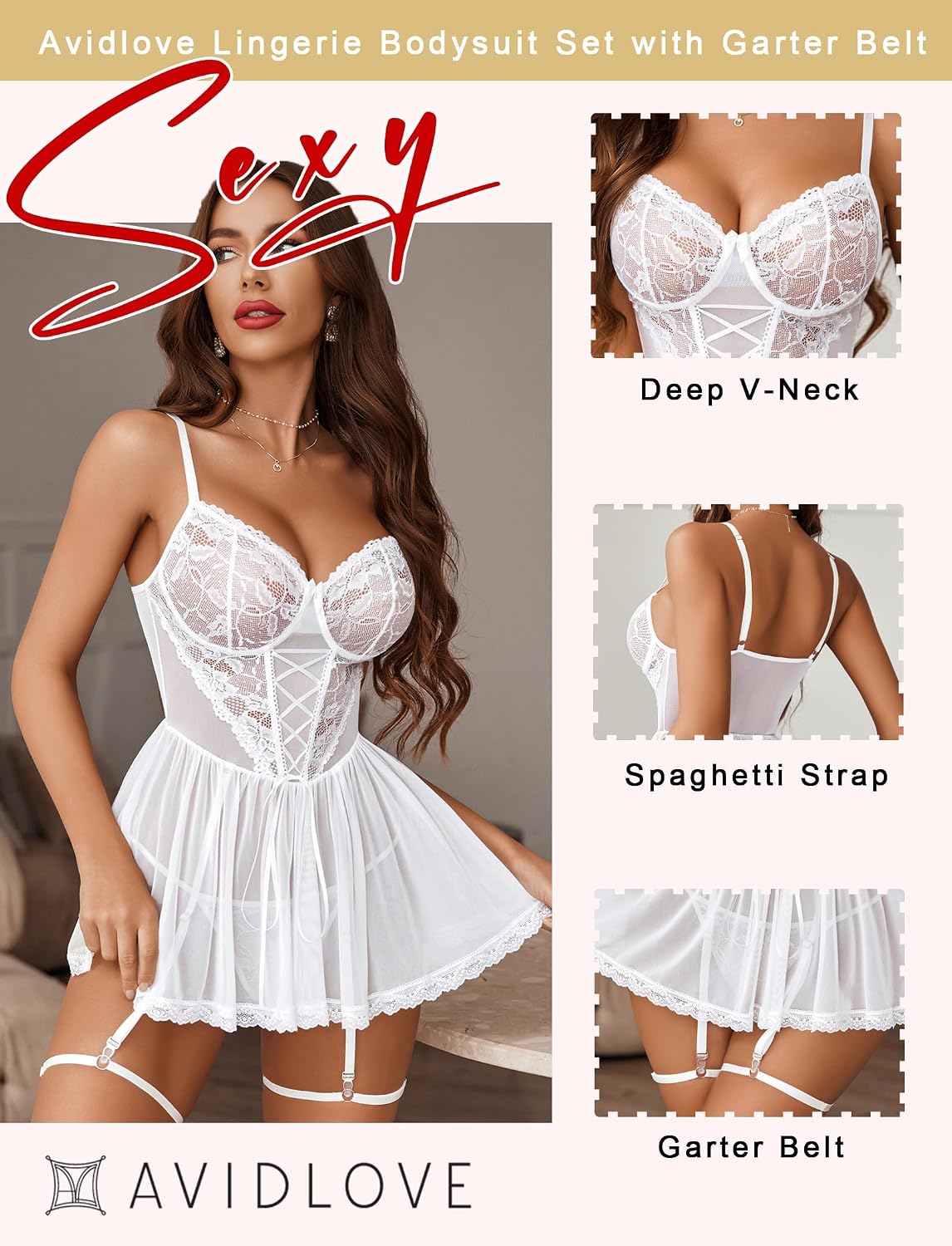 Avidlove Women's Lace Mesh Babydoll Lingerie Set — image 3