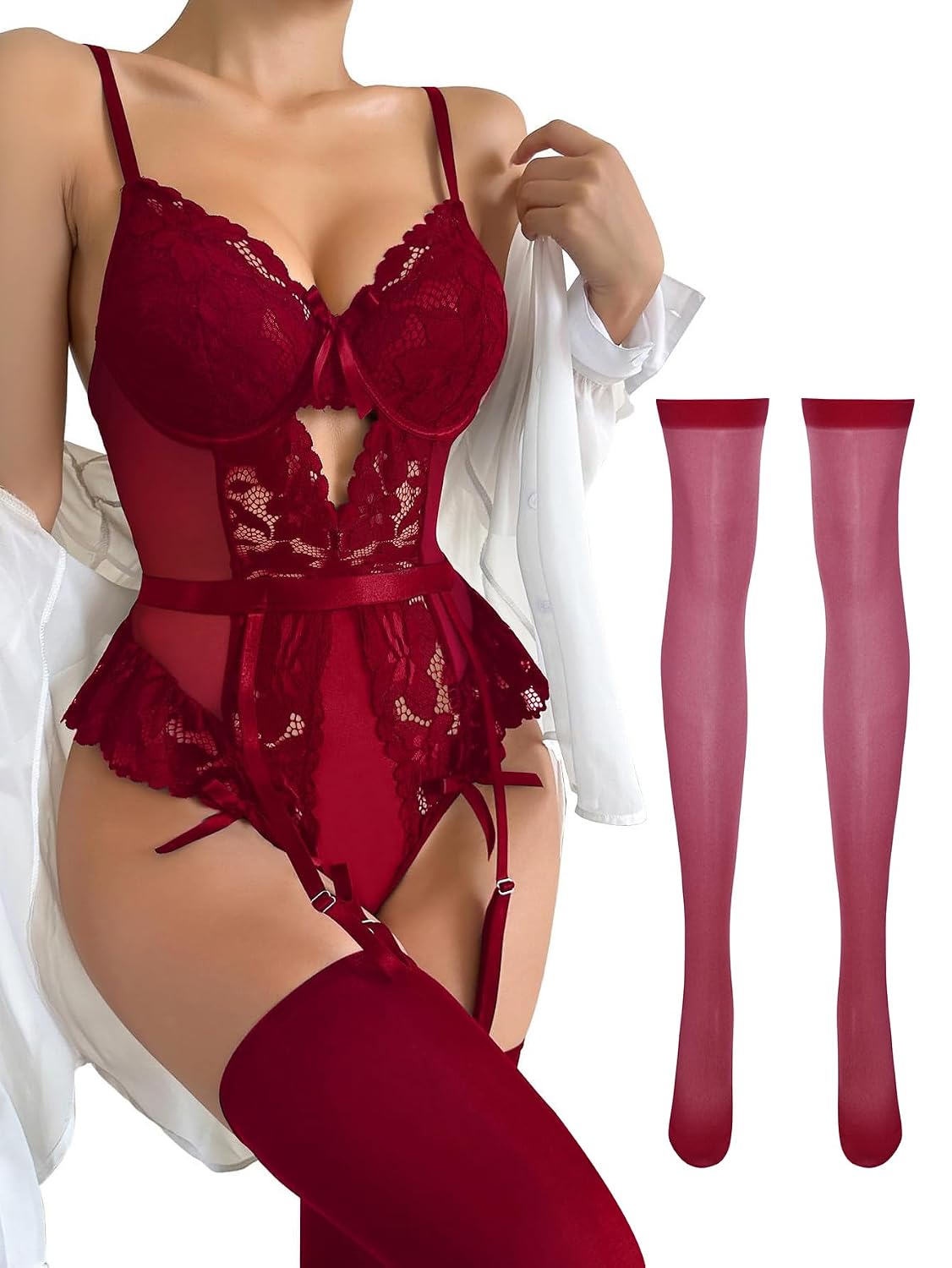 Lilosy Lace Mesh Bodysuit Garter Set