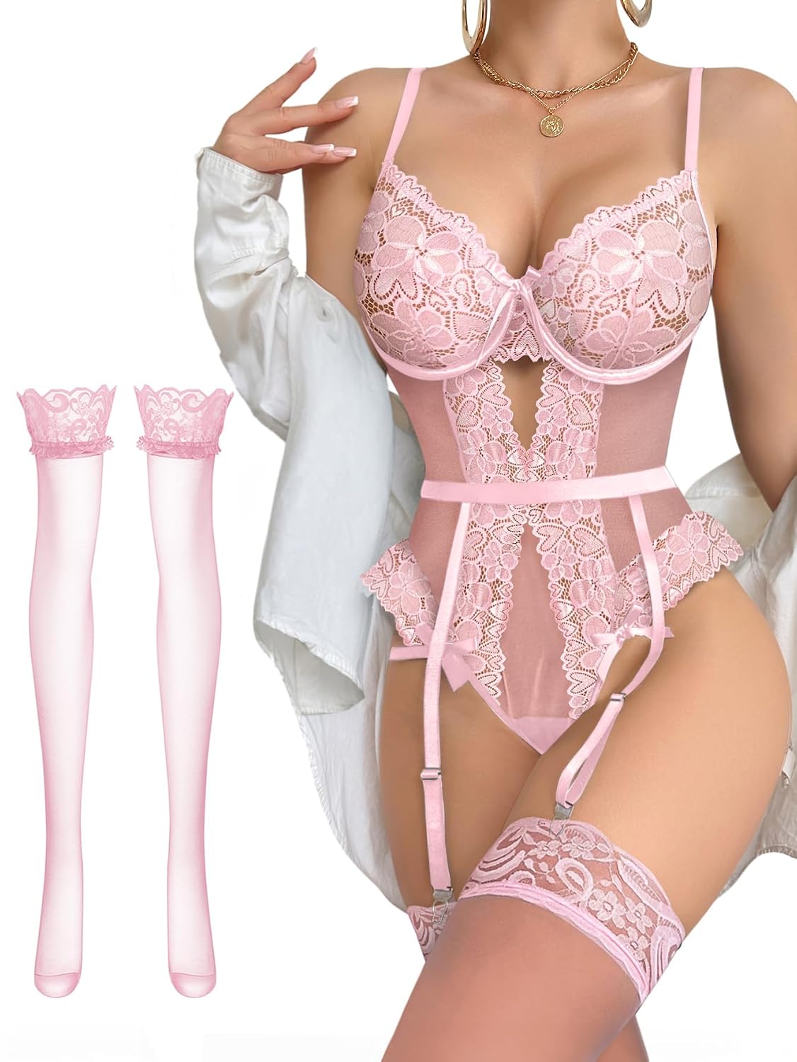 Lilosy Lace Mesh Bodysuit Garter Set — image 7
