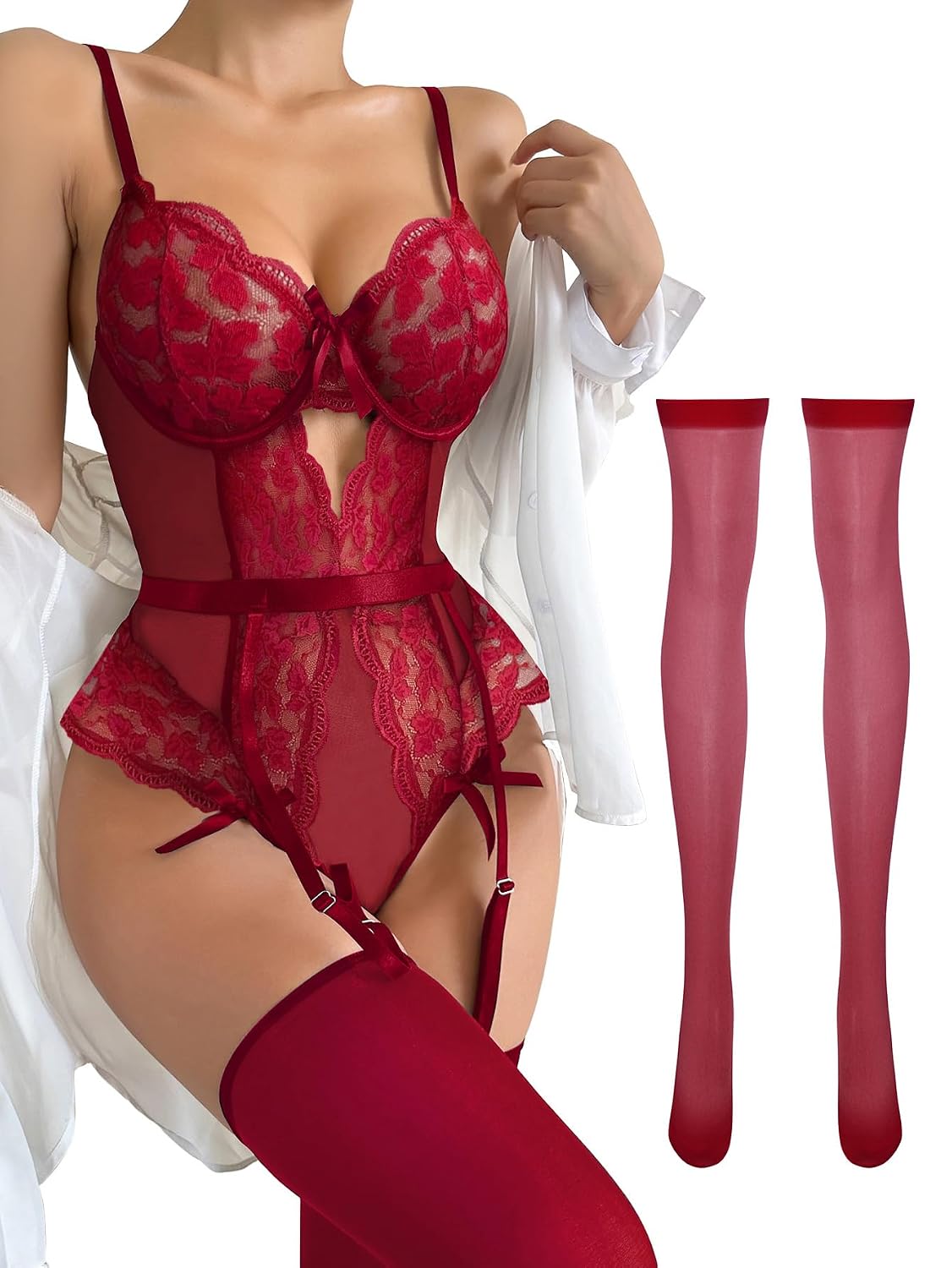 Lilosy Lace Mesh Bodysuit Garter Set — image 11