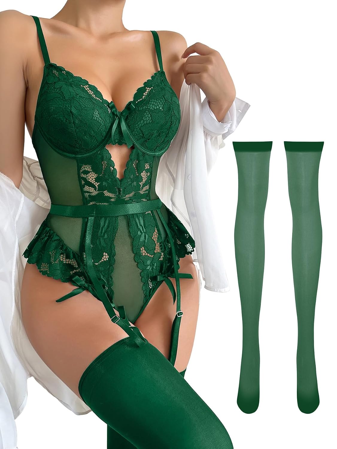 Lilosy Lace Mesh Bodysuit Garter Set — image 12