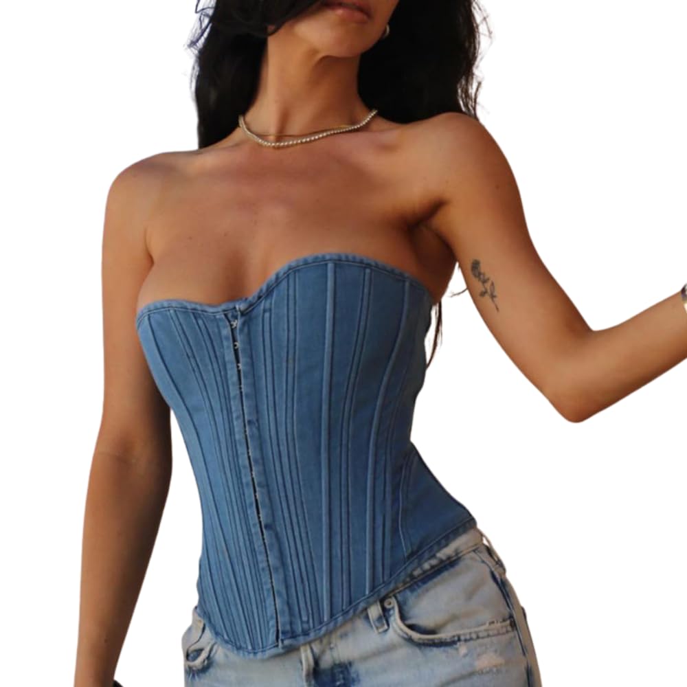 ElayuBeimu Women's Denim Front Hook Corset Top