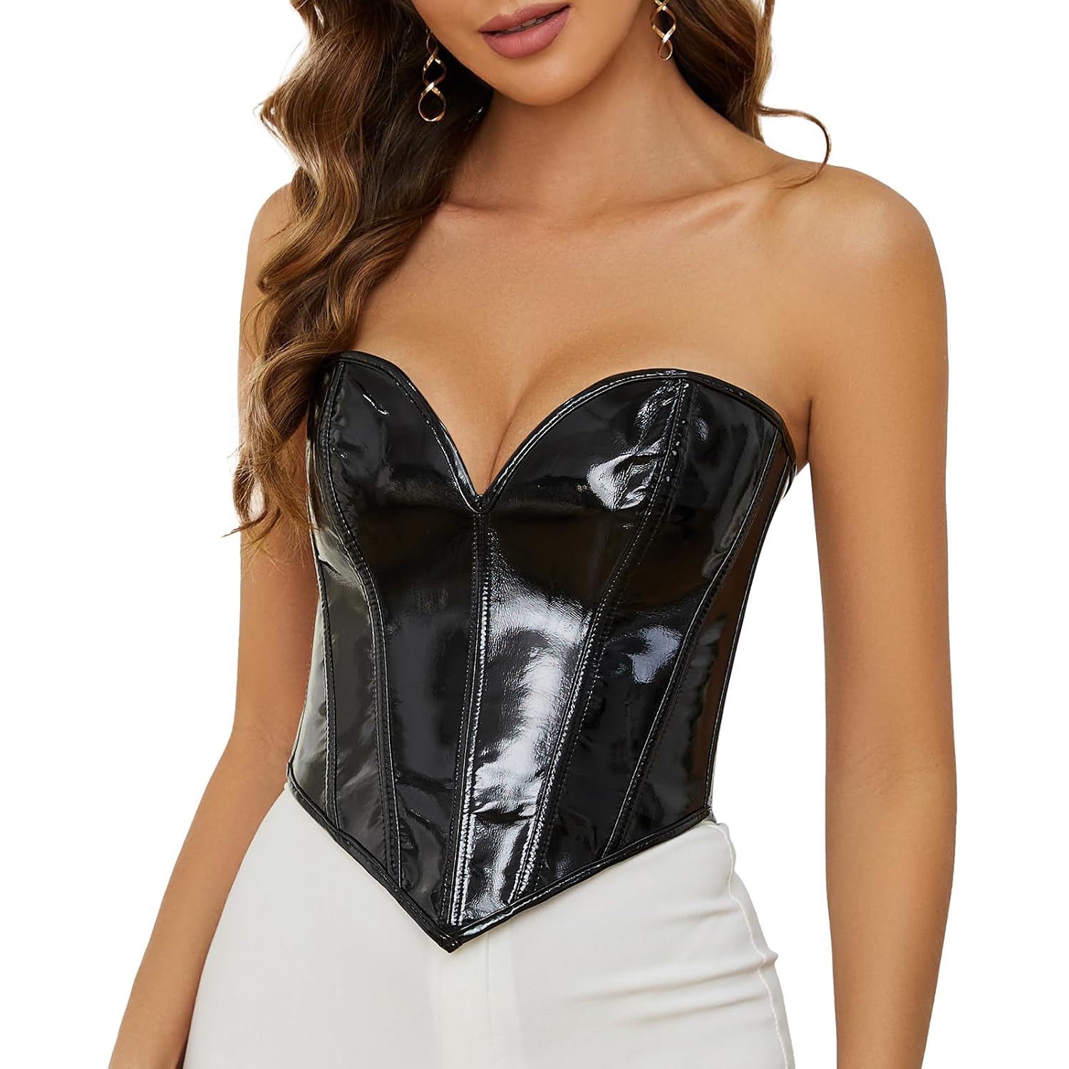 TRIWORKS Women's Patent PU Leather Strapless Corset Top
