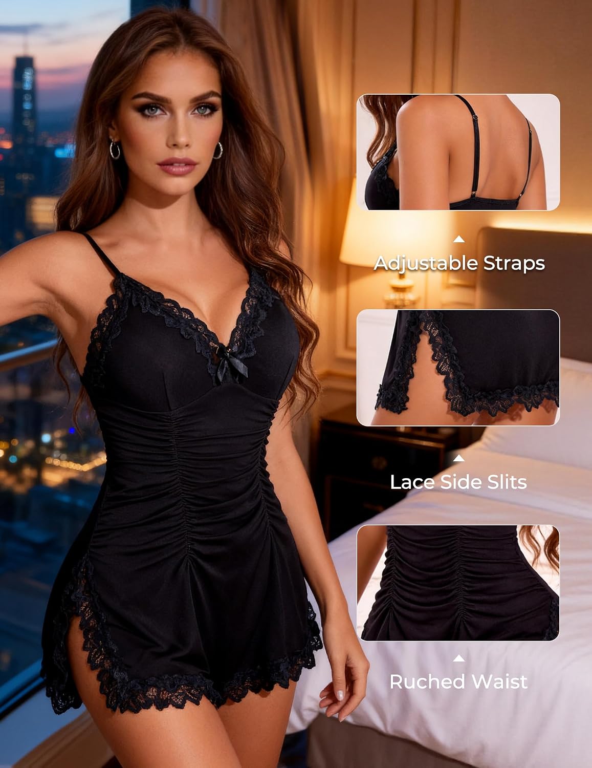 Girece Ruched Chemise Nightgown with Side Slits — image 2
