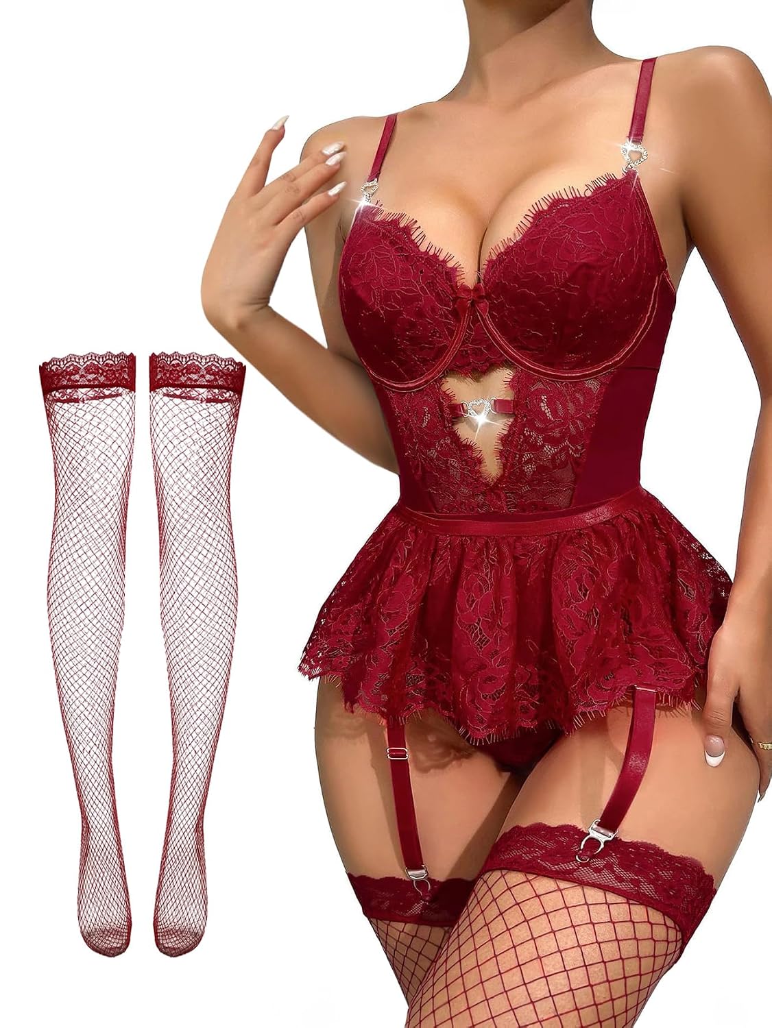 Lilosy Rhinestone Heart Corset Bodysuit Lingerie Set