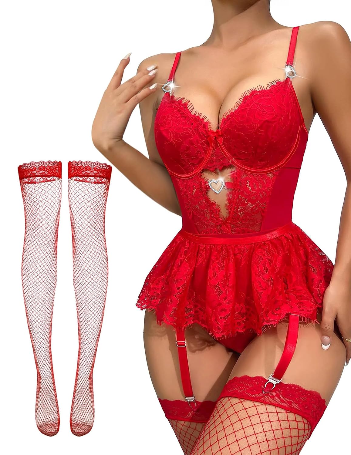 Alrovetoney Lace Bodysuit Set with Garter Belt & Stockings