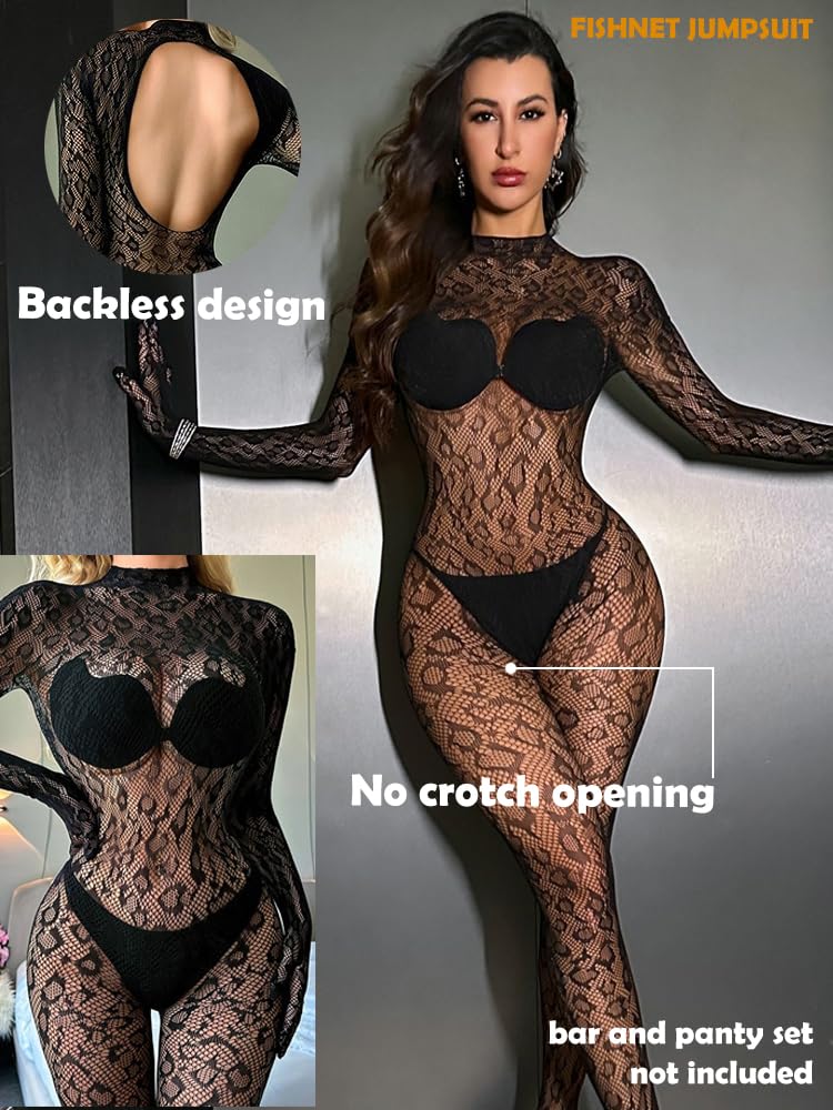 Koinus Black Fishnet Bodysuit Bodystocking for Women