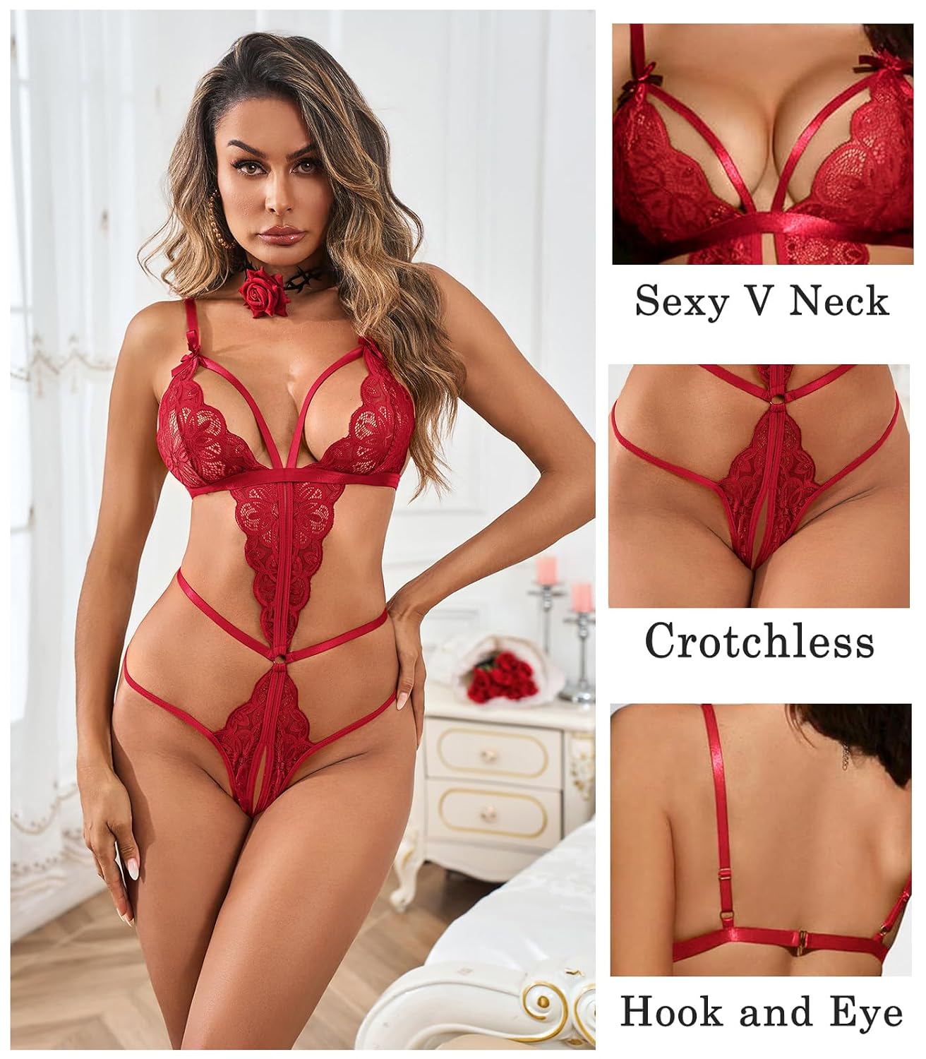 Kolagri Women's Lace Bodysuit Deep V Teddy — image 4