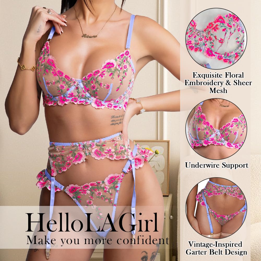 HELLOLAGIRL Floral Embroidery Lingerie Set with Garter Belt — image 3