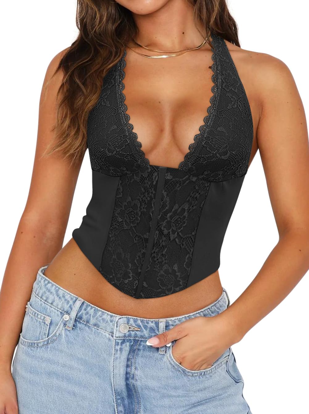 UNCOOYEE Women's Lace Halter Crop Top — image 5