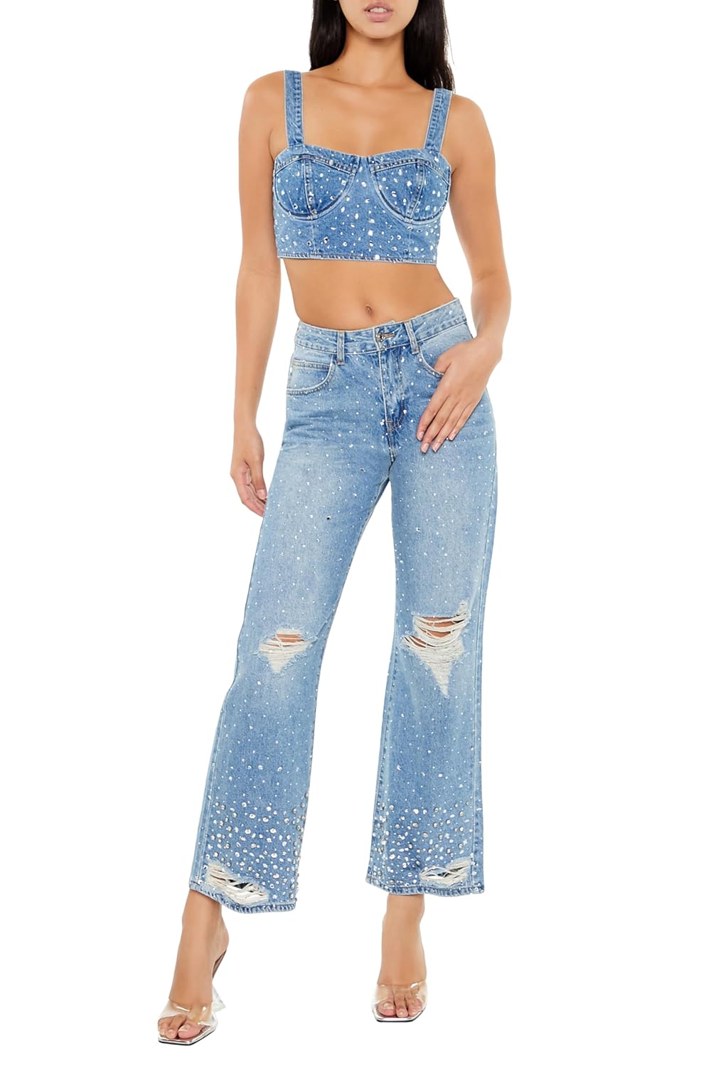 Forever 21 Faux Gem Denim Bustier Crop Top — image 2