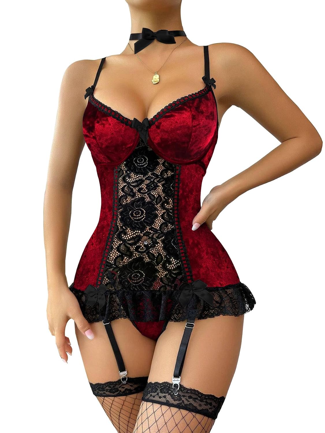 Lilosy Velvet Push Up Corset Teddy Set