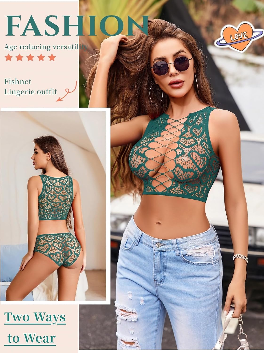 Avidlove Heart Print Fishnet Crop Top Lingerie Set — image 4