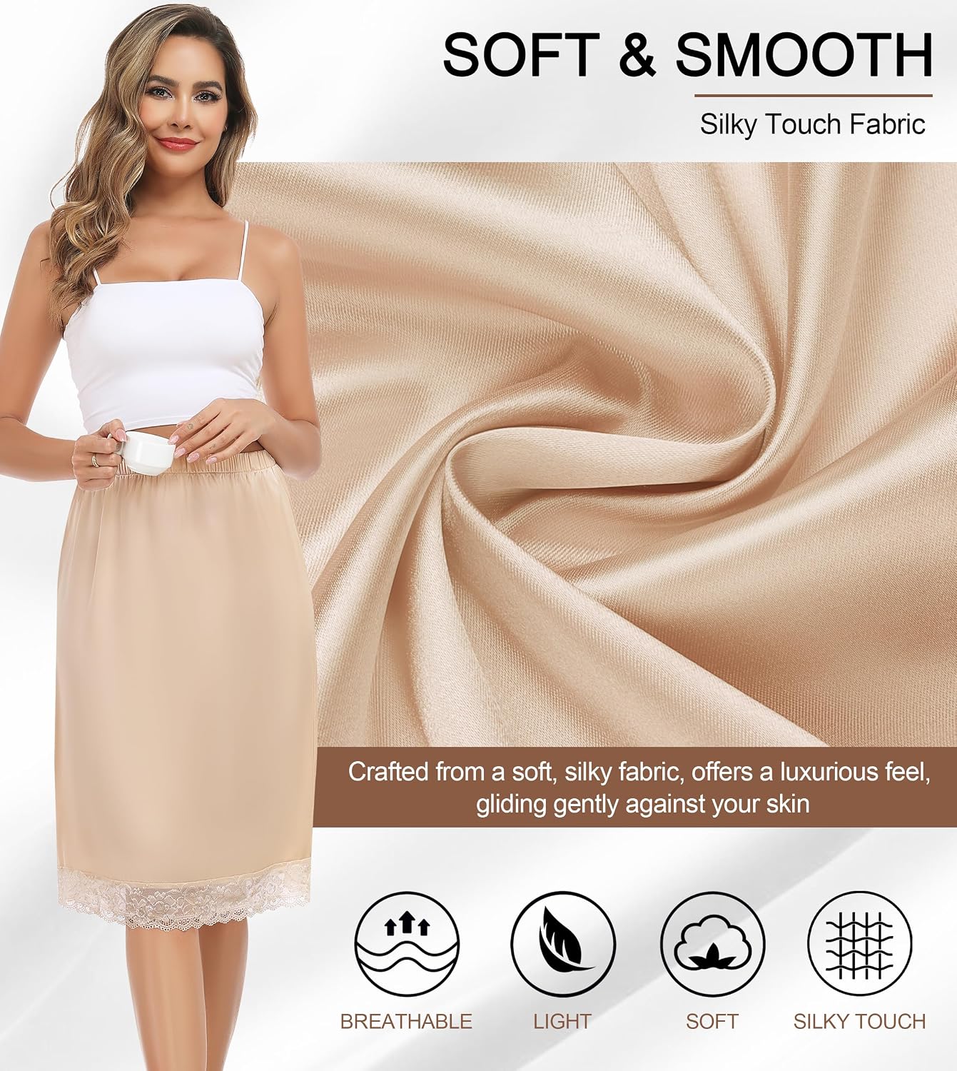 Lovasy Anti-Static Satin Half Slip with Lace Trim — image 3