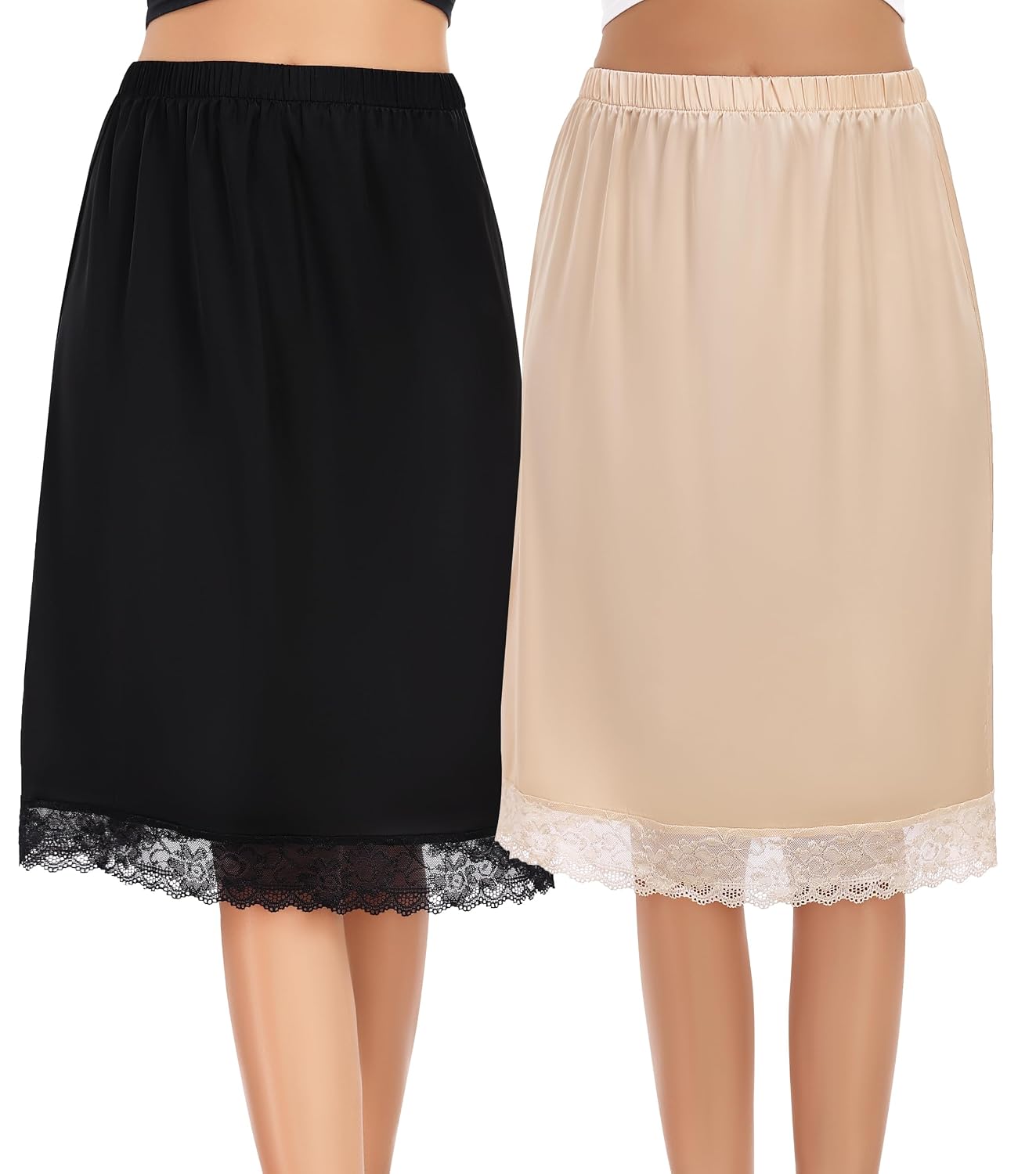 Lovasy Long Satin Half Slip with Lace Trim
