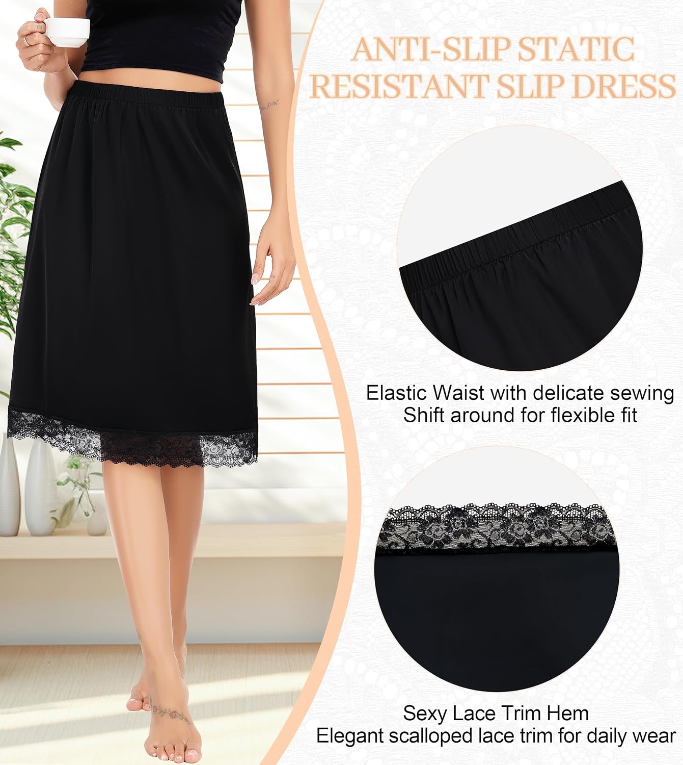 Lovasy Long Satin Half Slip with Lace Trim — image 4