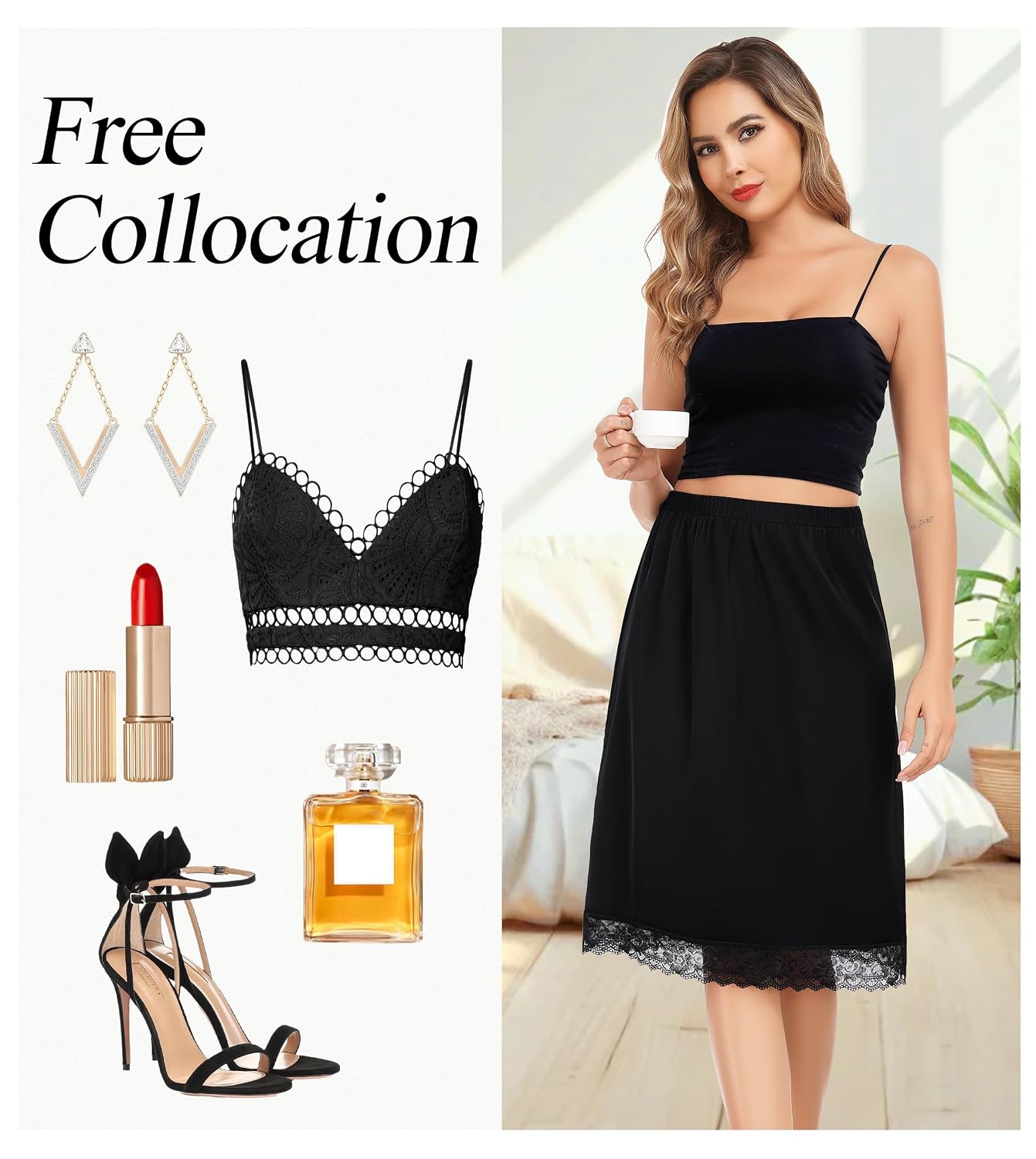 Lovasy Long Satin Half Slip with Lace Trim — image 6