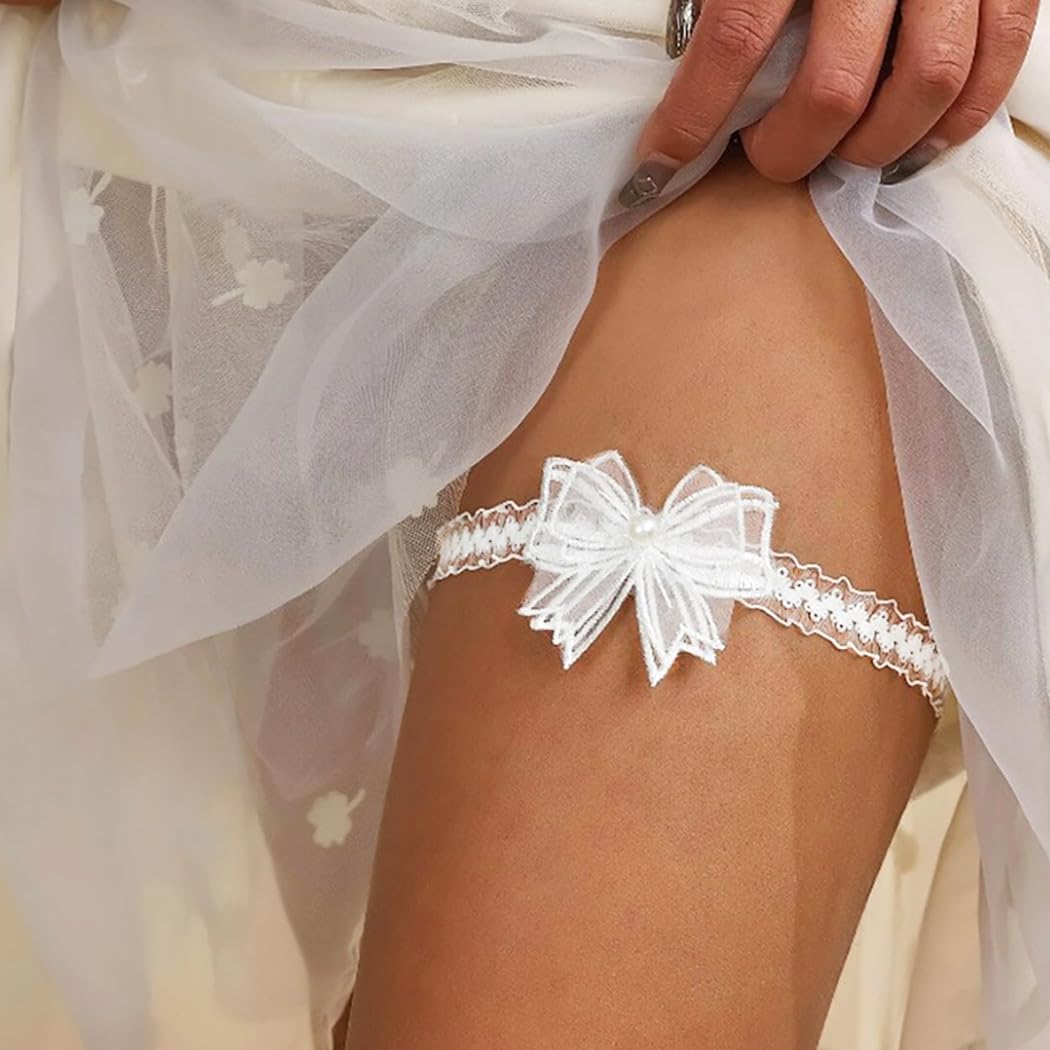 Miaband White Lace Pearl Wedding Garter with Bow — image 5