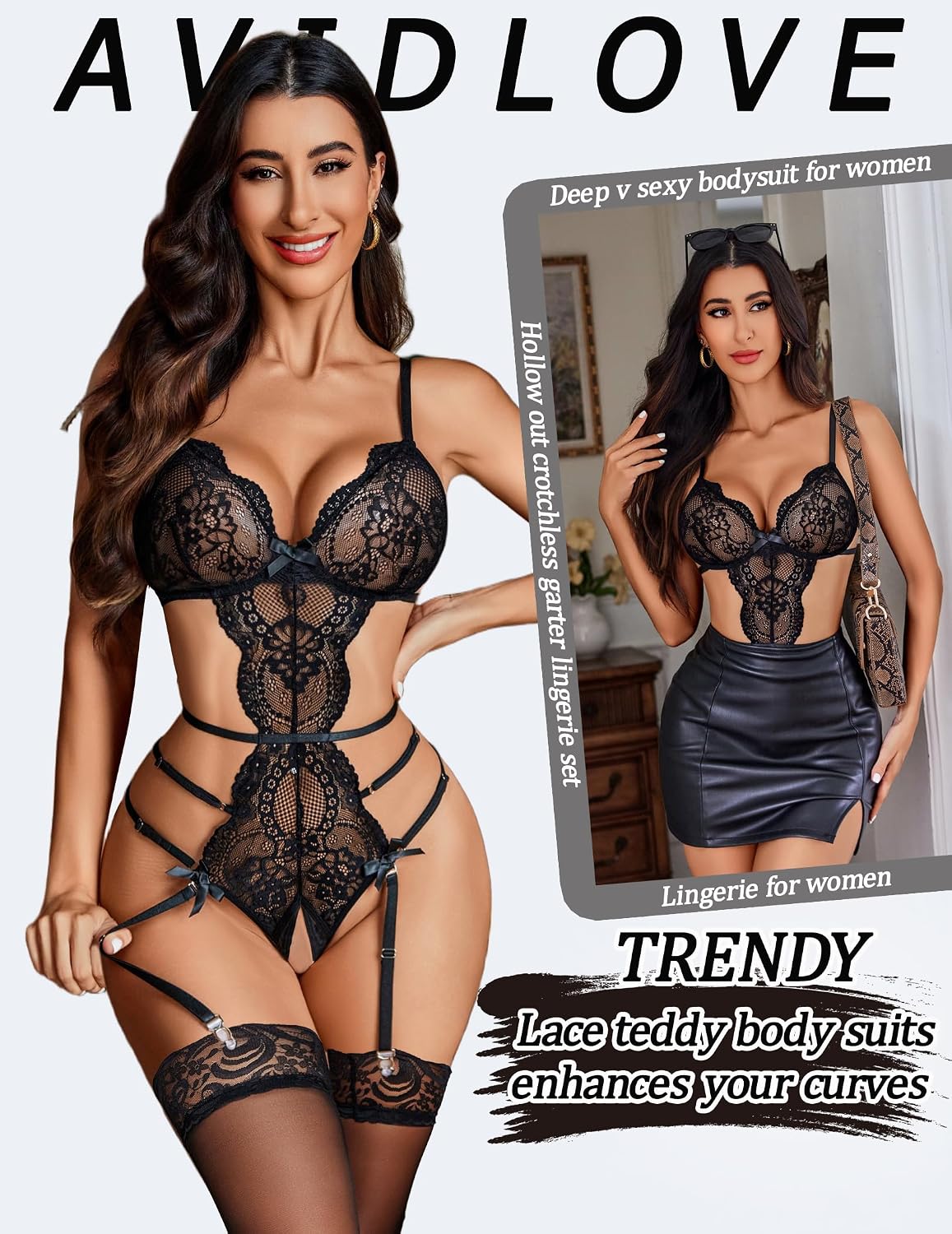 Avidlove Deep V Lace Cut Out Bodysuit Garter Set — image 2