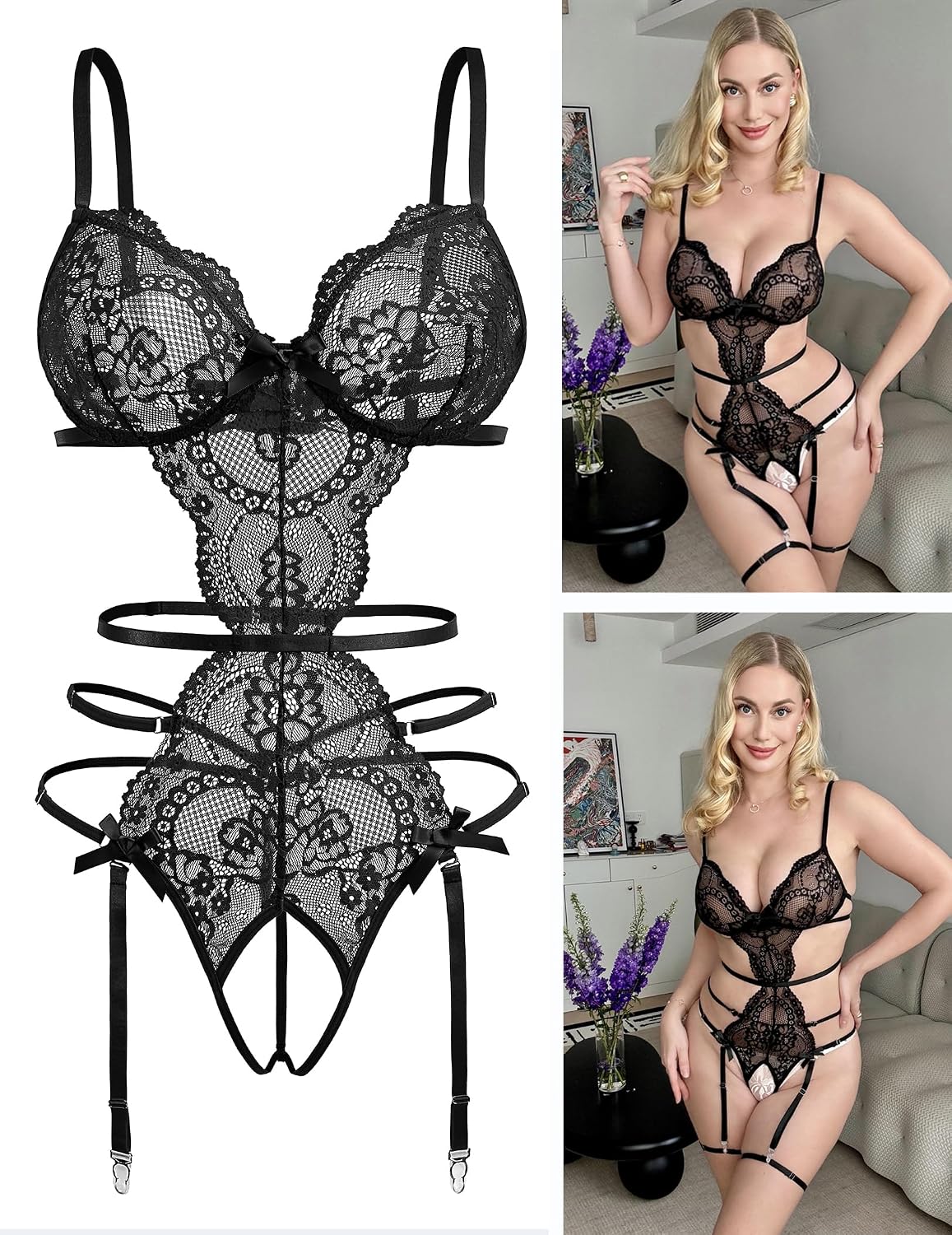 Avidlove Deep V Lace Cut Out Bodysuit Garter Set — image 5