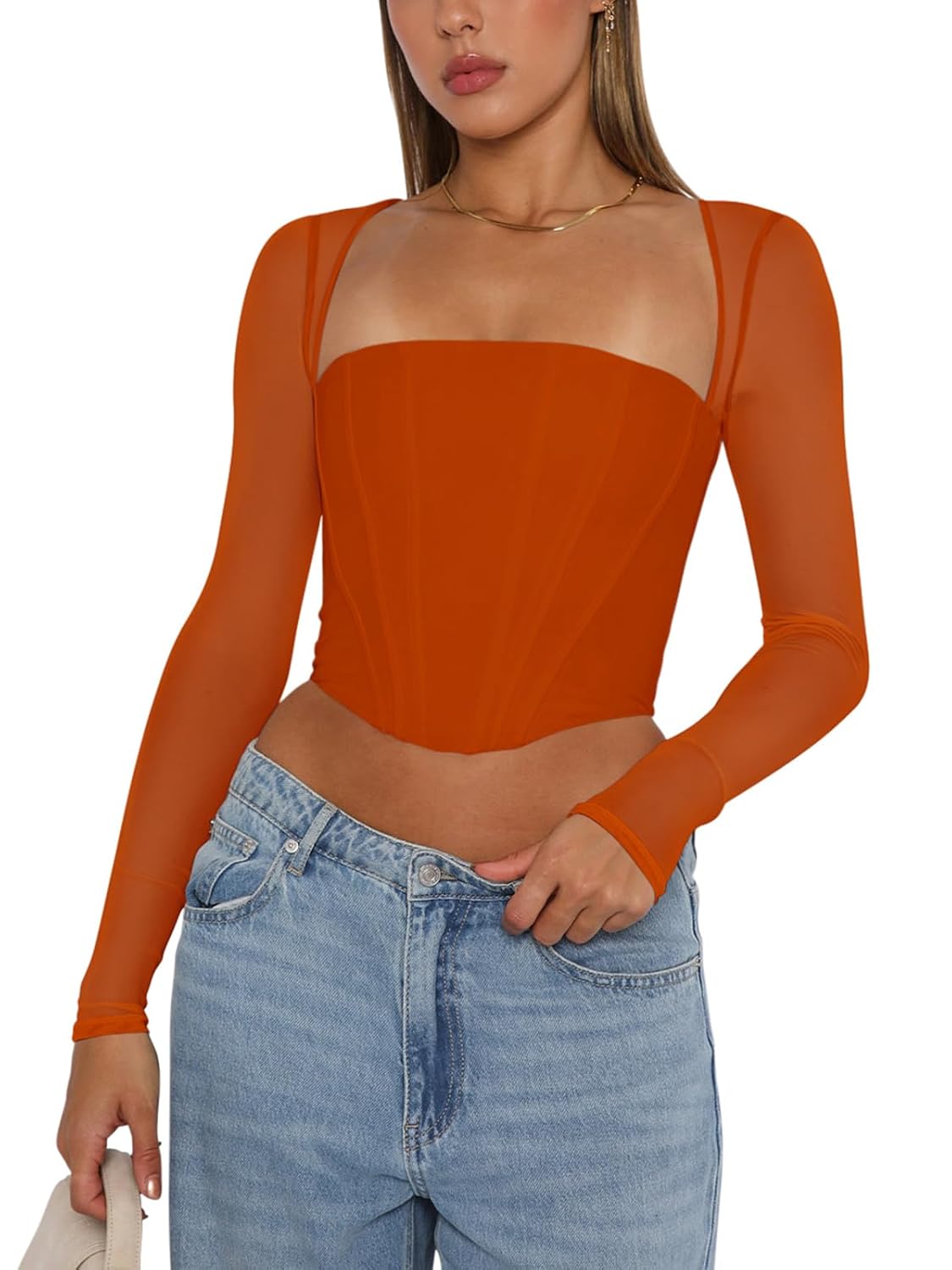 REORIA Square Neck Mesh Corset Bustier