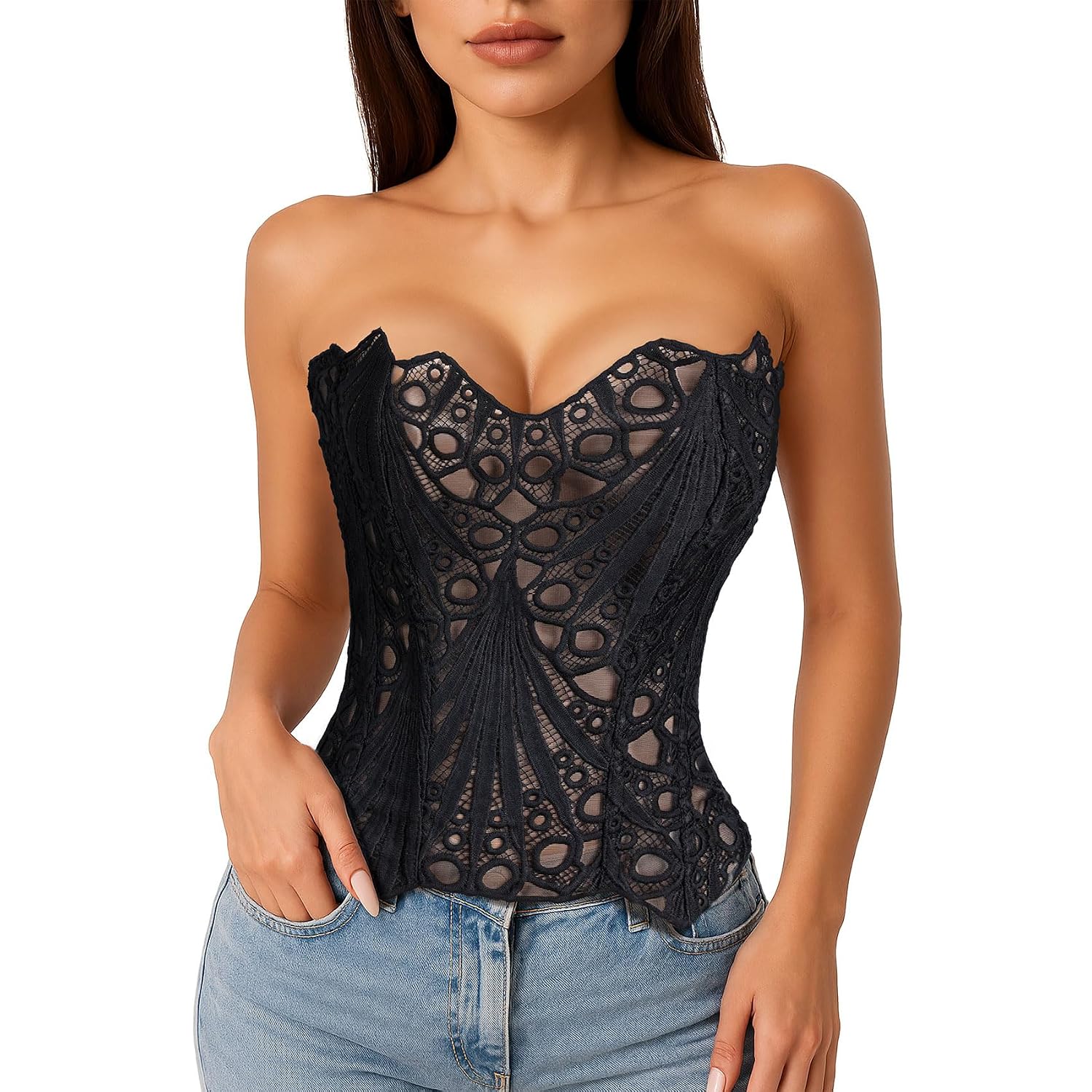 LEACOOLKEY Sheer Lace Corset Top