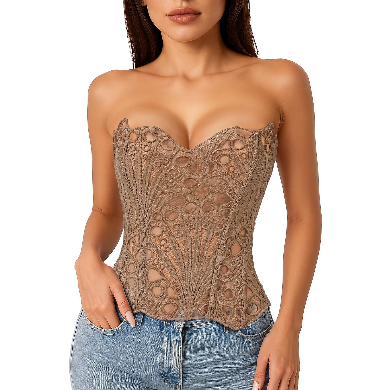 LEACOOLKEY Lacework Floral Corset Top