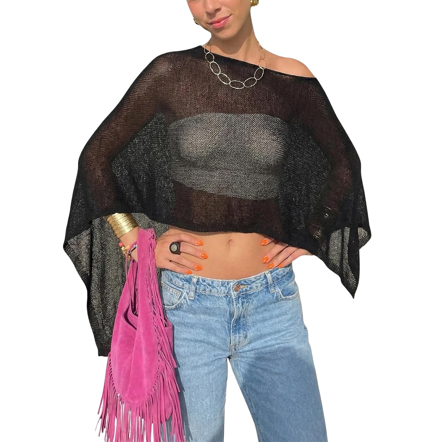 Meihuida Women's Sheer Knit Poncho Top