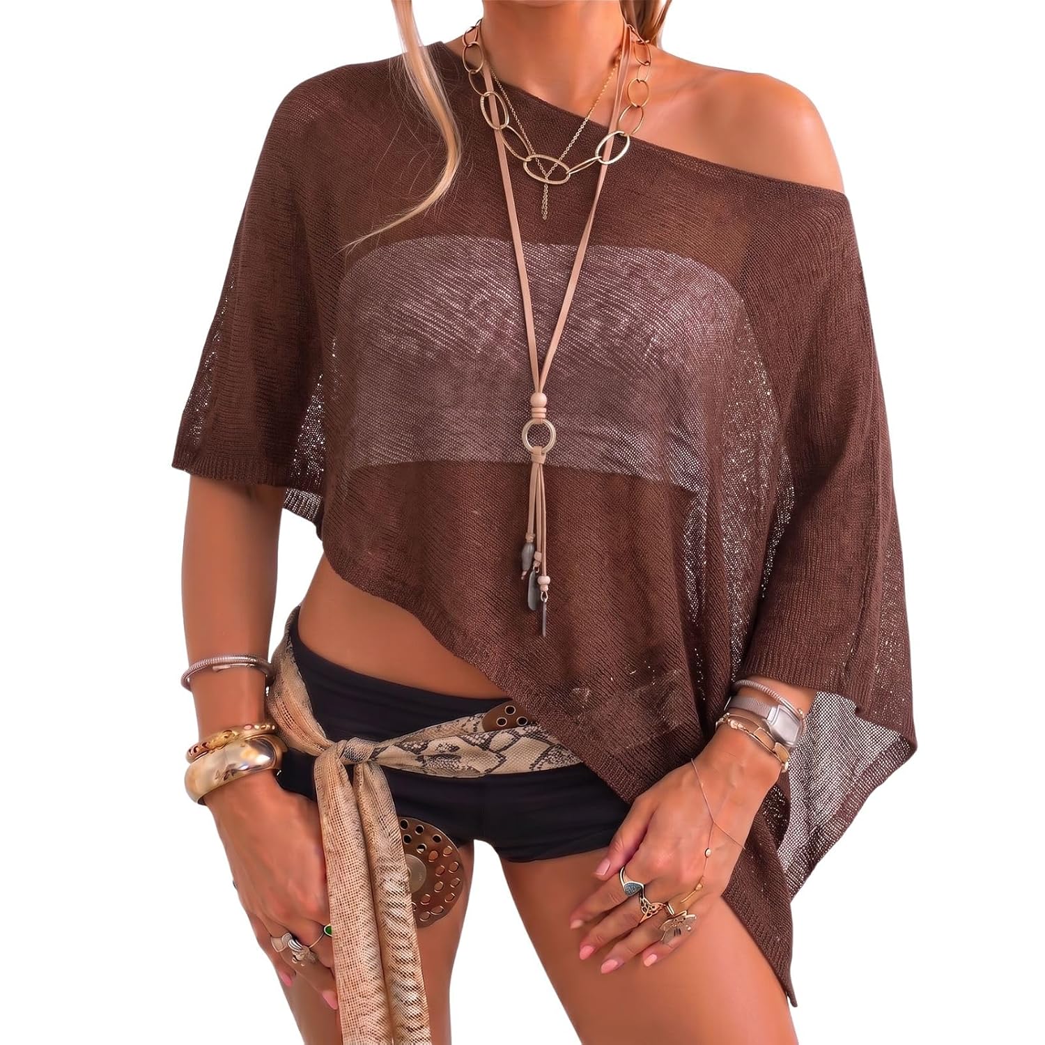 Meihuida Women's Sheer Knit Poncho Top — image 6